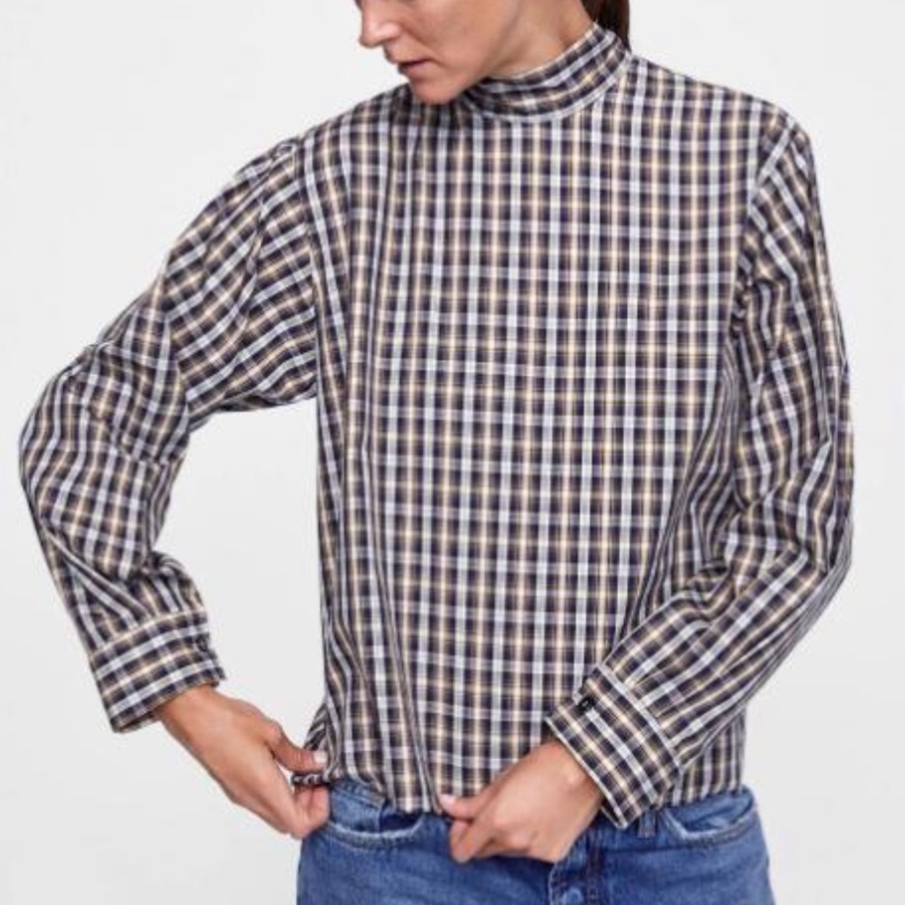 ZARA Navy Check Bow Detail High Low Blouse Top